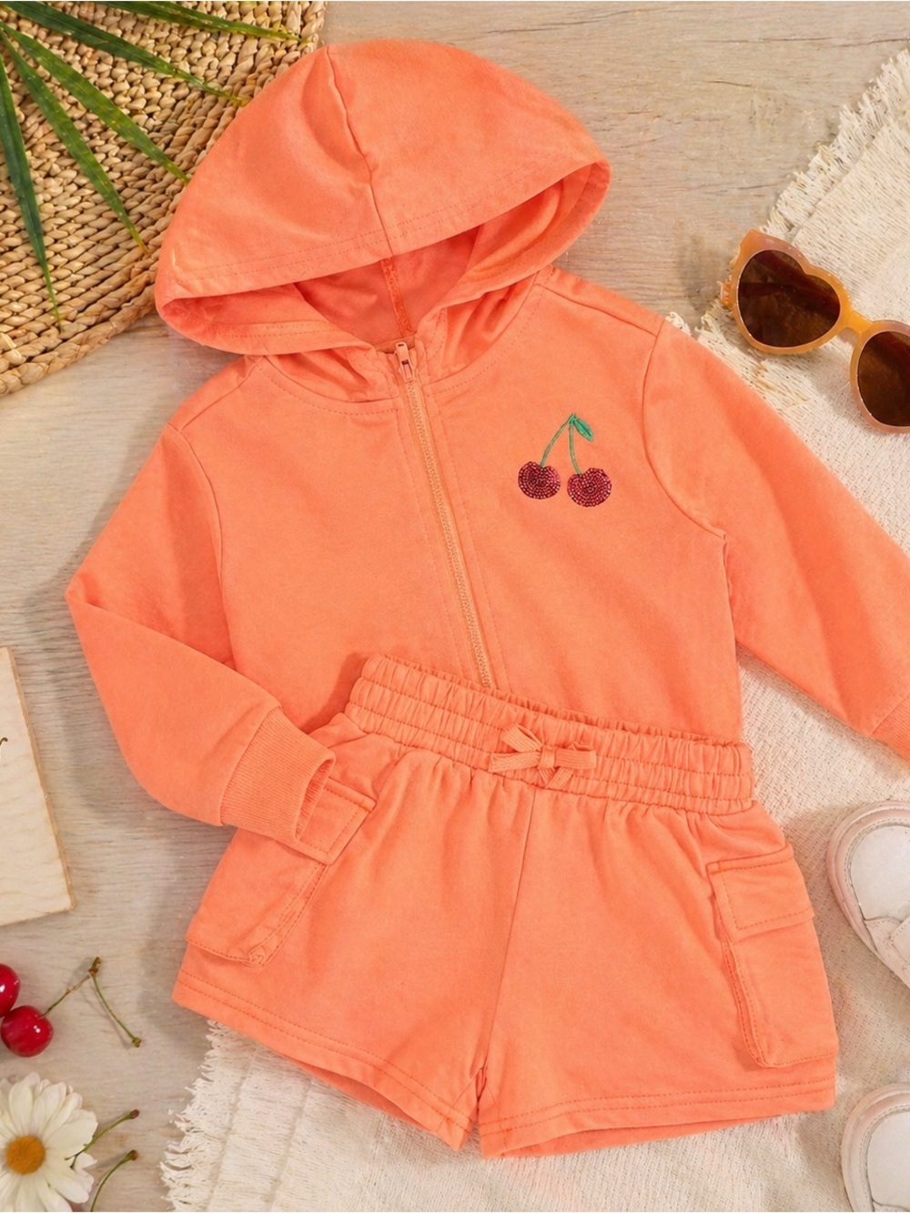 BTween Girls 2-Piece Set 5T Orange Cherry Hoodie & Shorts Outfit Cute Summer Set